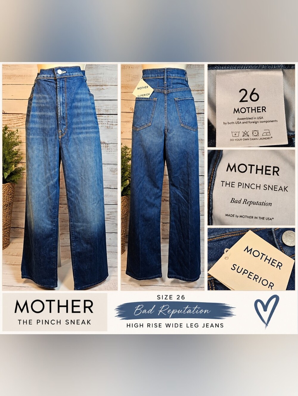 MOTHER The Pinch Sneak High Rise Wide Leg Jeans Size 26 Bad Reputation